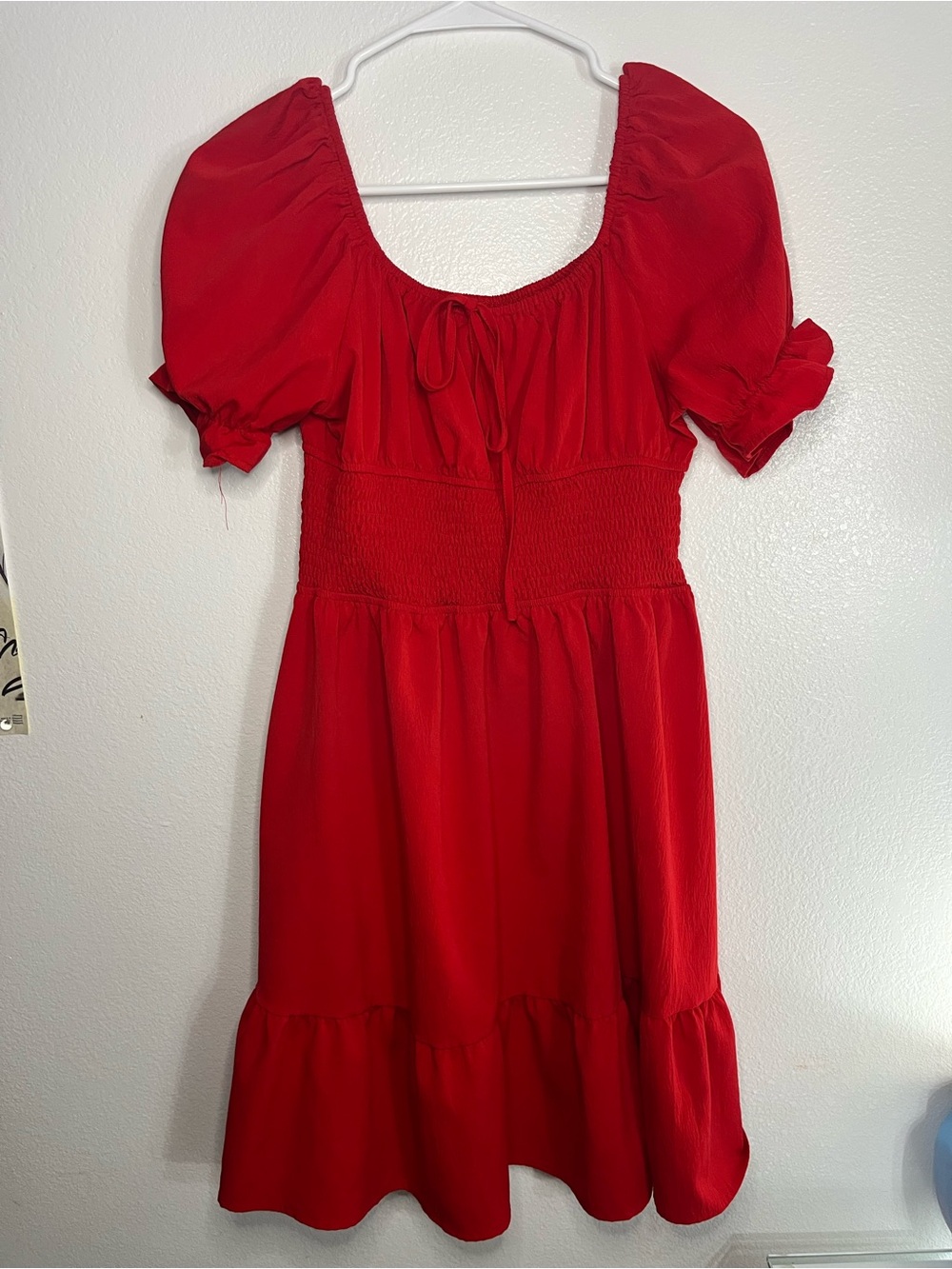 SHEIN Red Puff-Sleeve Smocked Midi Dress